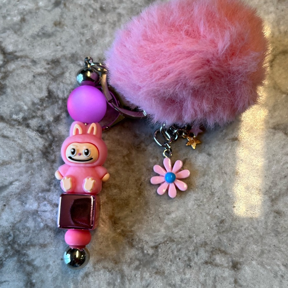 Pink Silicone Labubu Keychain with Pom Pom and Floral Accent - Picture 8 of 8